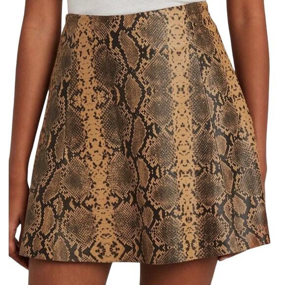 Veda Camel Brown Black Python Snake Print Genuine Leather Mini Skirt size M - Picture 2 of 8